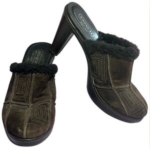 Coach 7 Women’s Aubrey Heeled Clog Stitched Patchwork Suede Shearling Trim Brown